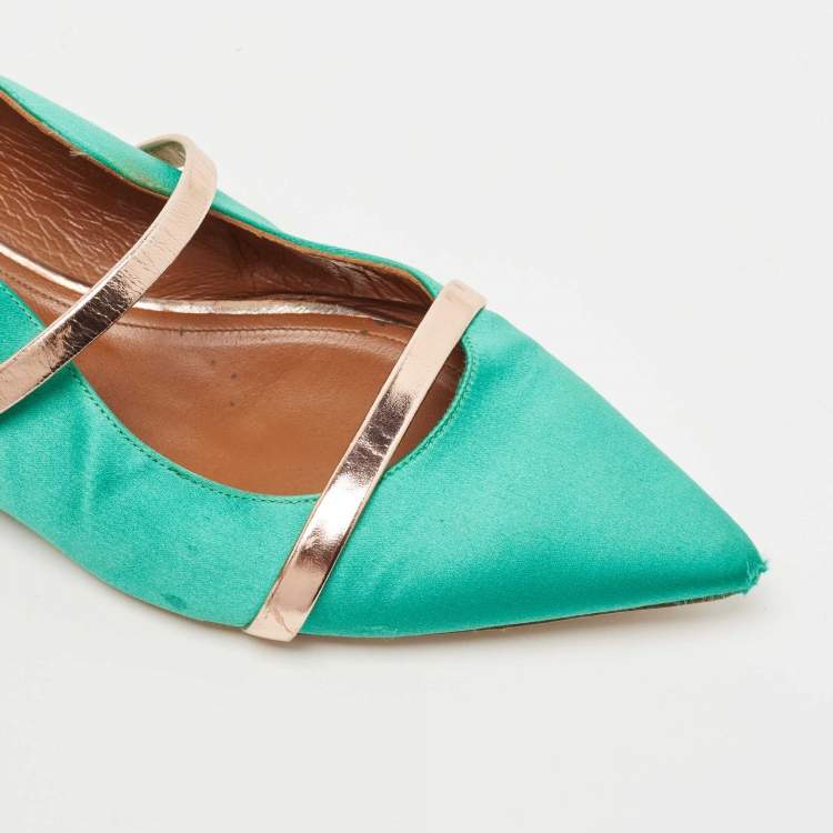 Pre Owned Malone Souliers Green/Rose Gold Satin and Leather Maureen Flat Mules Size 38