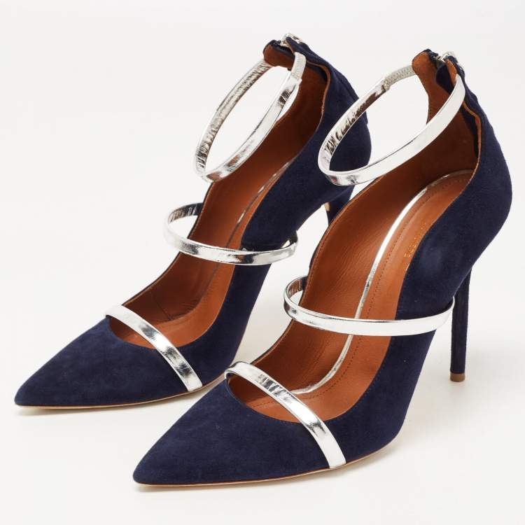 Malone Souliers Navy Blue Silver Suede and Leather Robyn Pumps Size 39 TLC