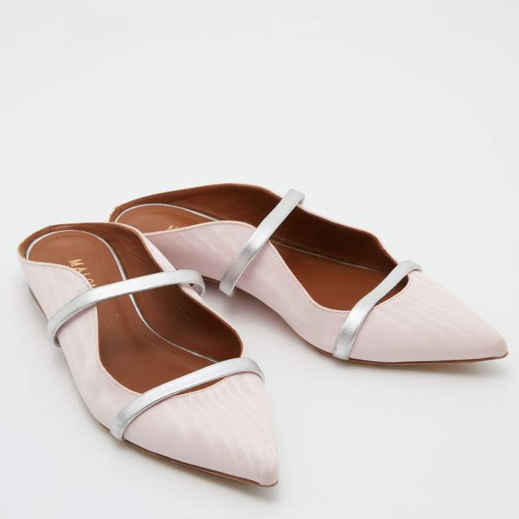 Pre Owned Malone Souliers Pink/Silver Canvas Maureen Flat Mules Size 35