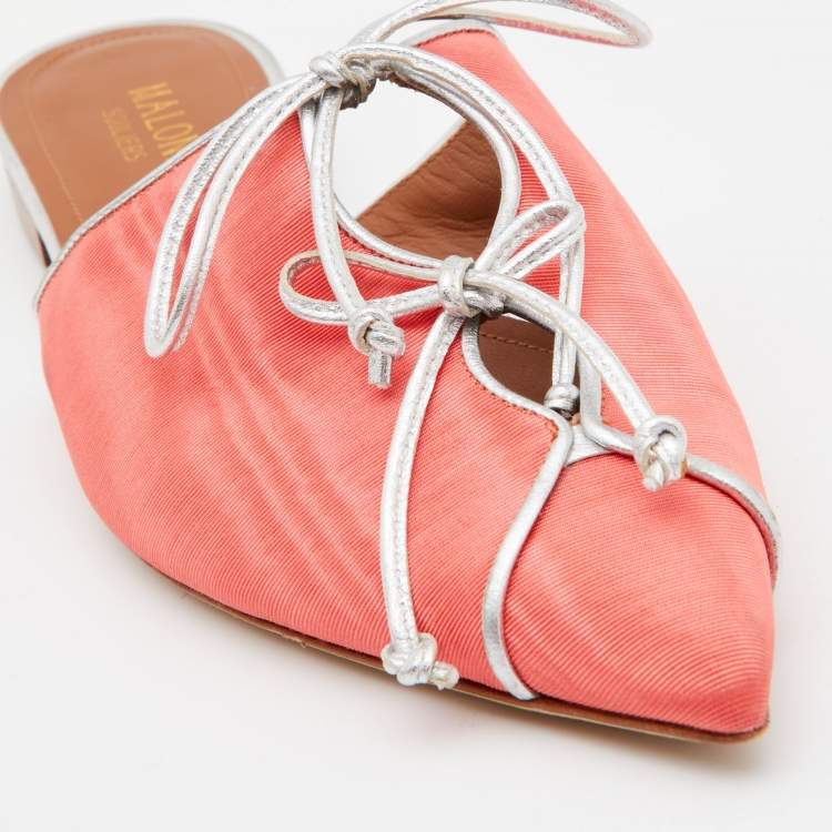 Pre Owned Malone Souliers Orange/Silver Canvas Annie Lace Up Flat Mules Size 38.5