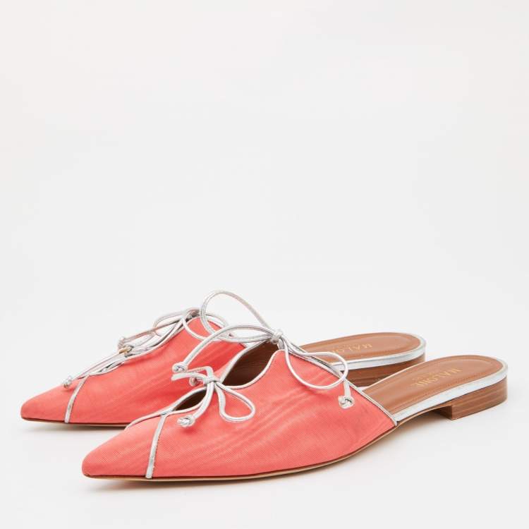 Pre Owned Malone Souliers Orange/Silver Canvas Annie Lace Up Flat Mules Size 38.5