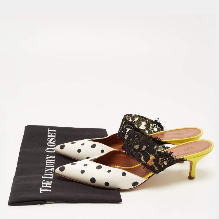 Pre Owned Malone Souliers x Emanuel Ungaro White/Black Polka Dot Satin and Lace Maisie Mules Size 40.5