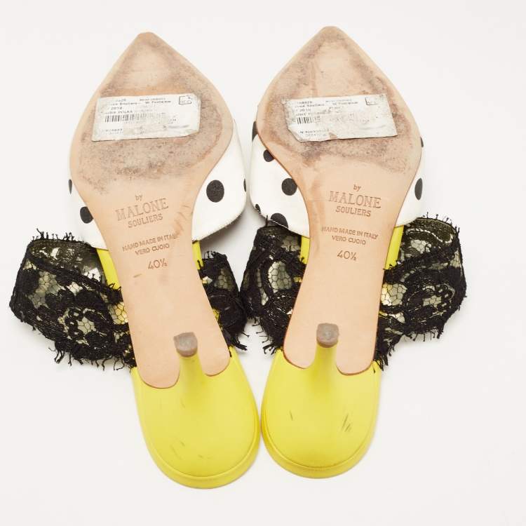 Pre Owned Malone Souliers x Emanuel Ungaro White/Black Polka Dot Satin and Lace Maisie Mules Size 40.5