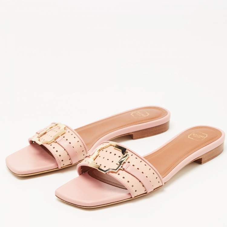 Pre Owned Malone Souliers Pink Perforated Leather Gena Flat Slides Size 36