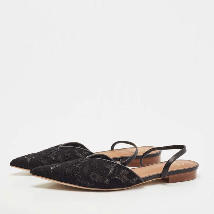 مملوكة مسبقًا Malone Souliers Black Lace and Leather Maria Slingback Flat Sandals Size 38.5