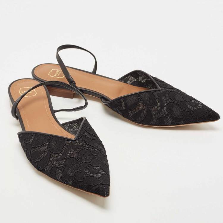 مملوكة مسبقًا Malone Souliers Black Lace and Leather Maria Slingback Flat Sandals Size 38.5