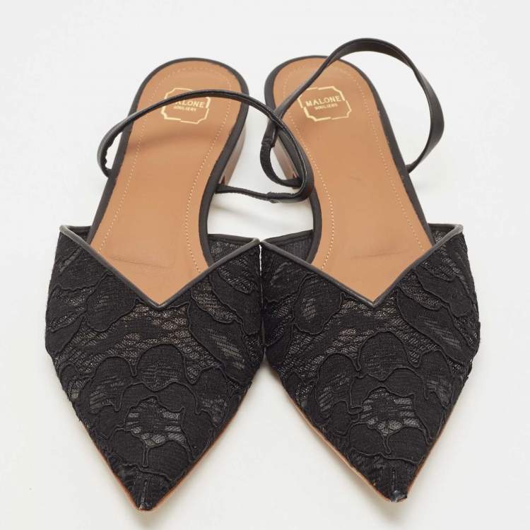 مملوكة مسبقًا Malone Souliers Black Lace and Leather Maria Slingback Flat Sandals Size 38.5