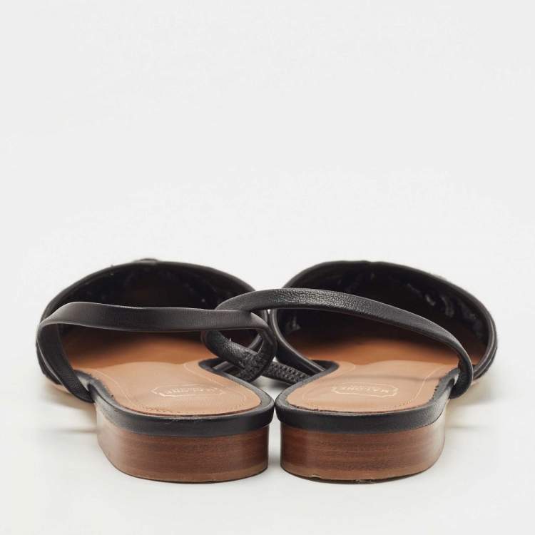مملوكة مسبقًا Malone Souliers Black Lace and Leather Maria Slingback Flat Sandals Size 38.5