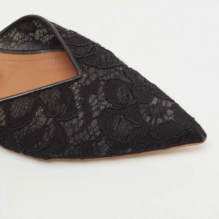 مملوكة مسبقًا Malone Souliers Black Lace and Leather Maria Slingback Flat Sandals Size 38.5