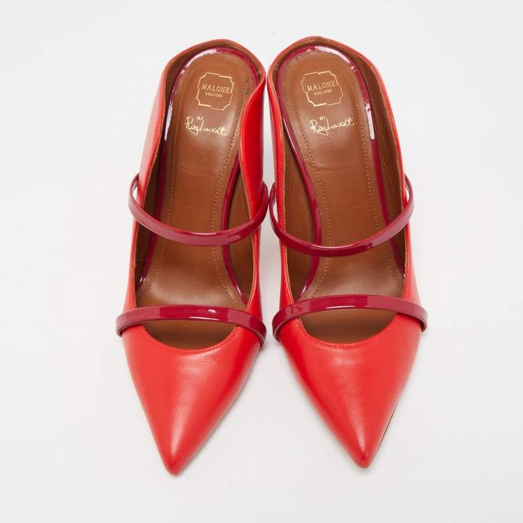 مملوكة مسبقًا Malone Souliers Red/Burgundy Leather and Patent Maureen Mules Size 37.5