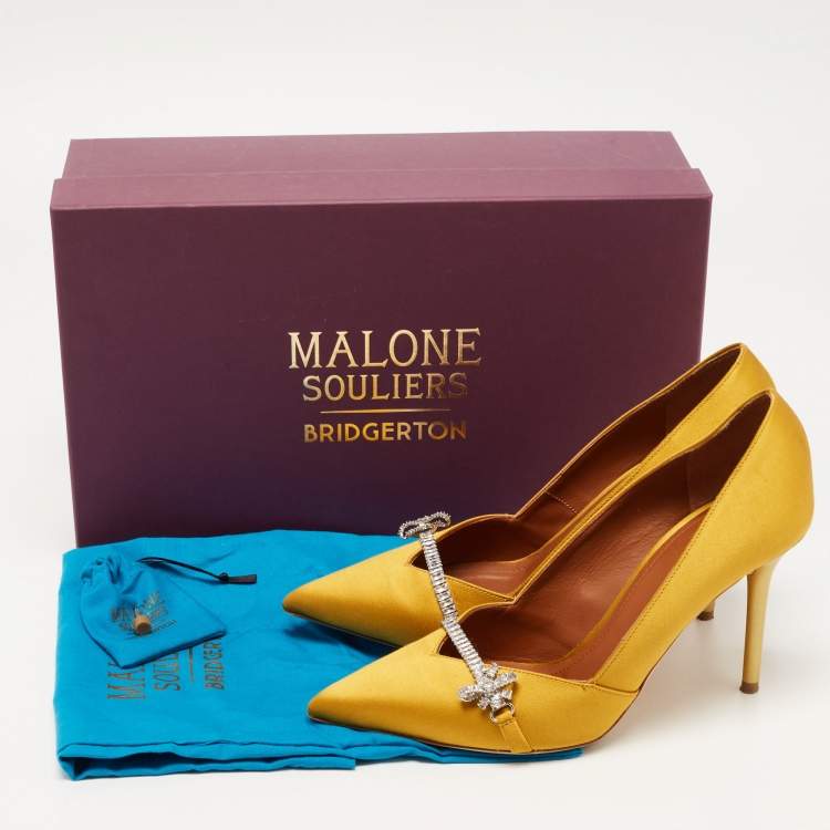 Pre Owned Malone Souliers Yellow Satin Lowe Crystal Embellished Pointed Toe Pumps Size 38