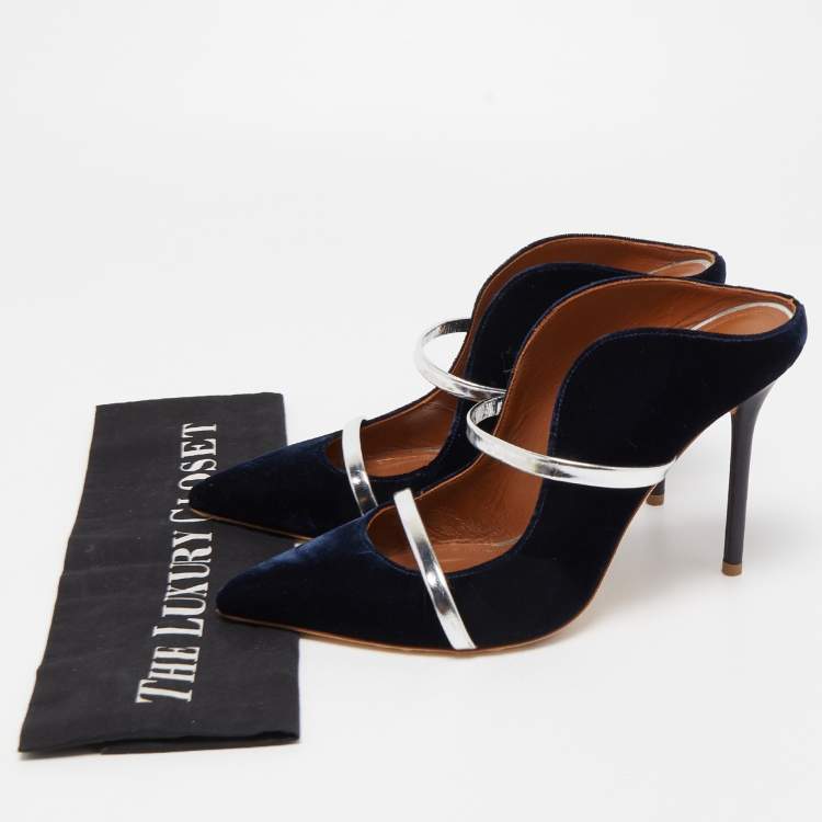Pre Owned Malone Souliers Navy Blue/Silver Velvet and Leather Maureen Mules Size 39