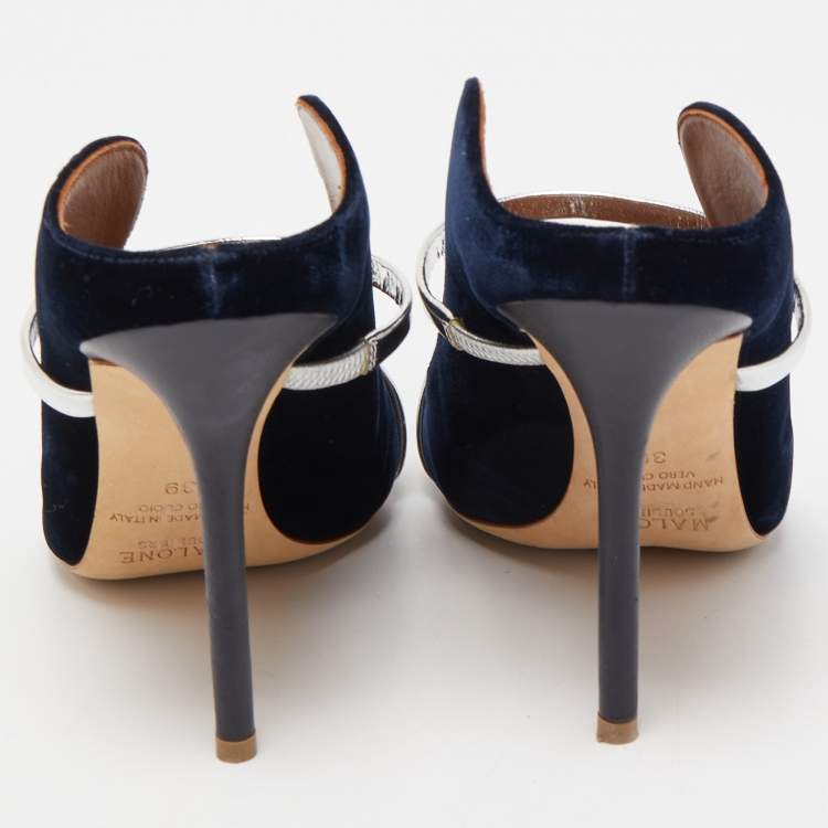 Pre Owned Malone Souliers Navy Blue/Silver Velvet and Leather Maureen Mules Size 39