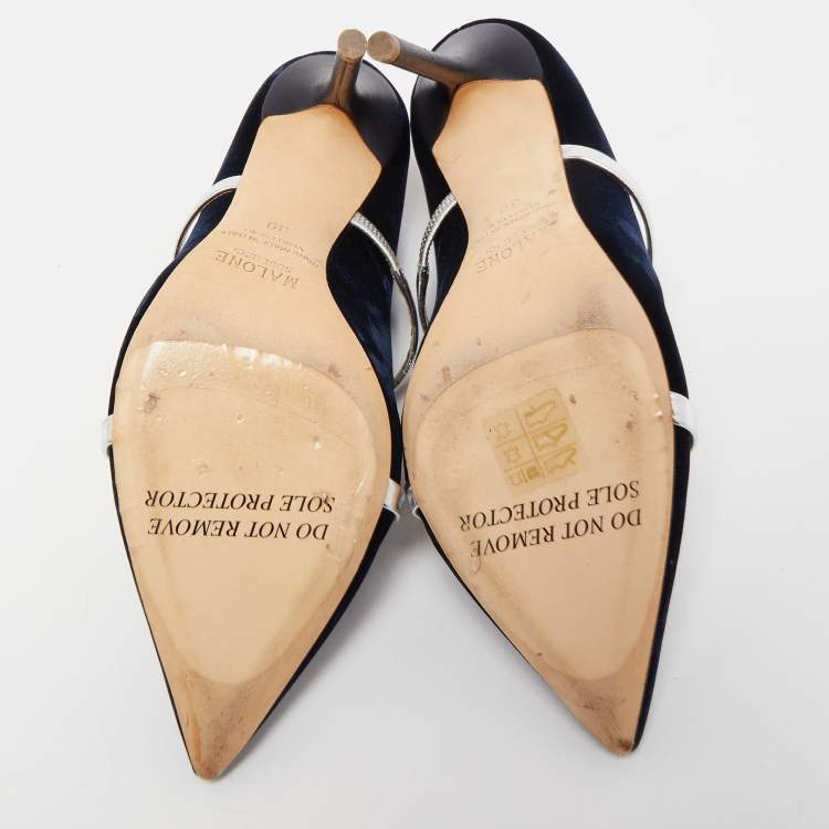 Pre Owned Malone Souliers Navy Blue/Silver Velvet and Leather Maureen Mules Size 39