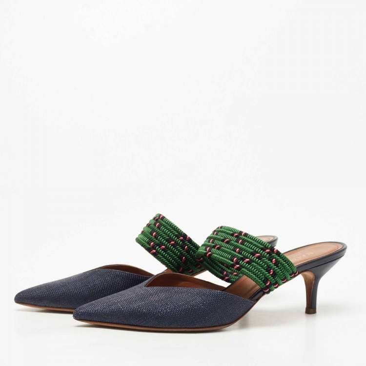 Pre Owned Malone Souliers Navy Blue/Green Raffia Maisie Mules Size 39.5