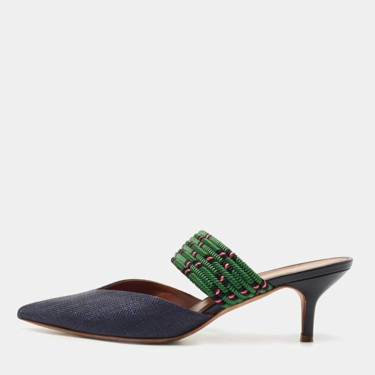 Pre Owned Malone Souliers Navy Blue/Green Raffia Maisie Mules Size 39.5