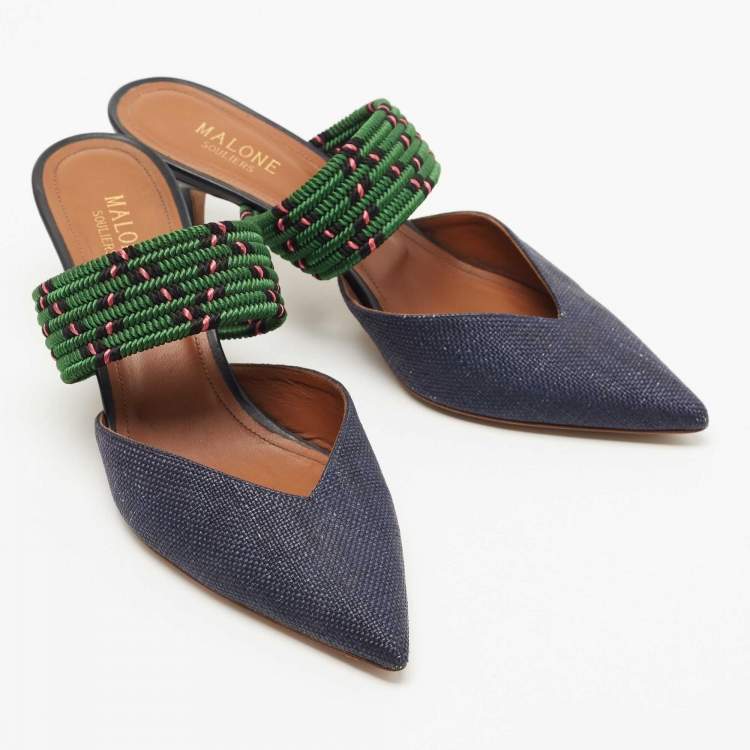 Pre Owned Malone Souliers Navy Blue/Green Raffia Maisie Mules Size 39.5