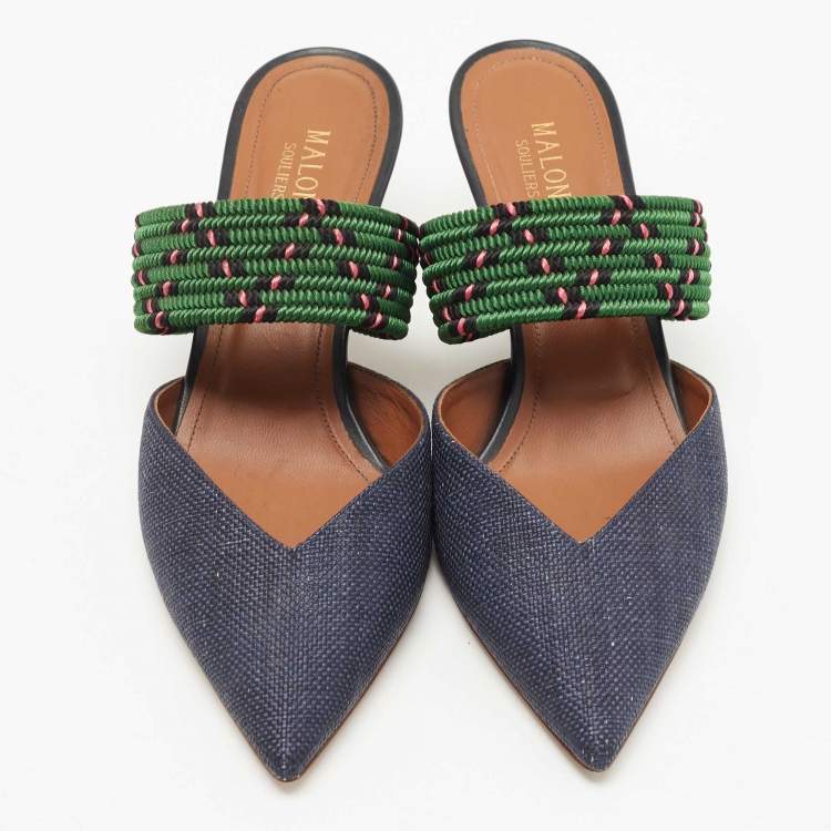 Pre Owned Malone Souliers Navy Blue/Green Raffia Maisie Mules Size 39.5