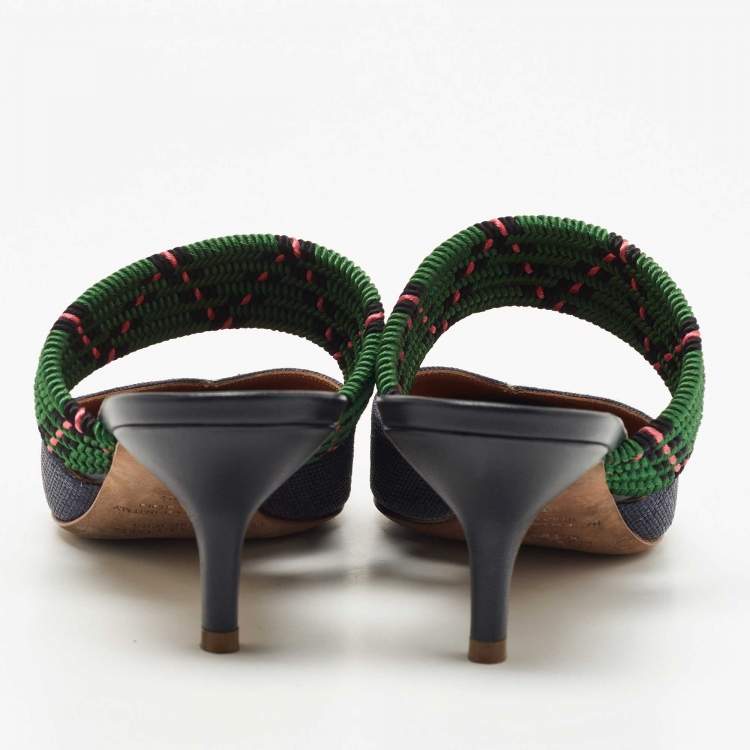 Pre Owned Malone Souliers Navy Blue/Green Raffia Maisie Mules Size 39.5