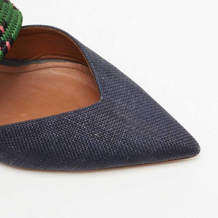 Pre Owned Malone Souliers Navy Blue/Green Raffia Maisie Mules Size 39.5
