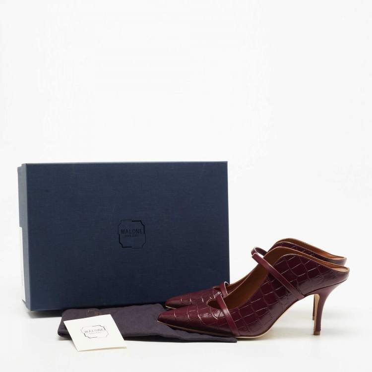 مملوكة مسبقًا Malone Souliers Burgundy Croc Embossed Leather Maureen Pointed Toe Mules Size 38.5