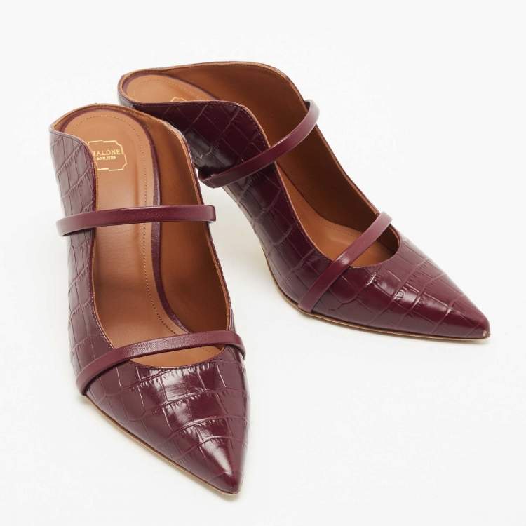 مملوكة مسبقًا Malone Souliers Burgundy Croc Embossed Leather Maureen Pointed Toe Mules Size 38.5