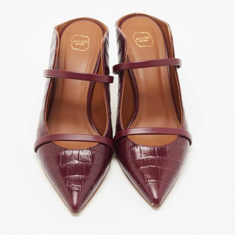 مملوكة مسبقًا Malone Souliers Burgundy Croc Embossed Leather Maureen Pointed Toe Mules Size 38.5