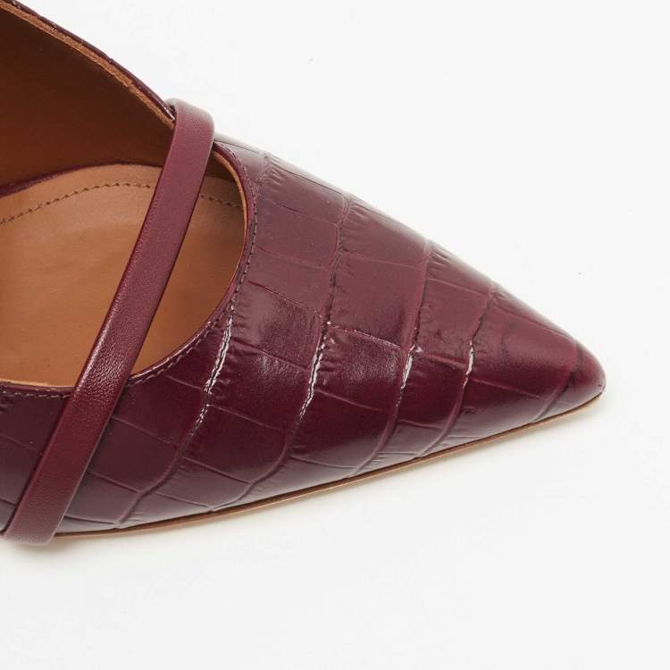 مملوكة مسبقًا Malone Souliers Burgundy Croc Embossed Leather Maureen Pointed Toe Mules Size 38.5