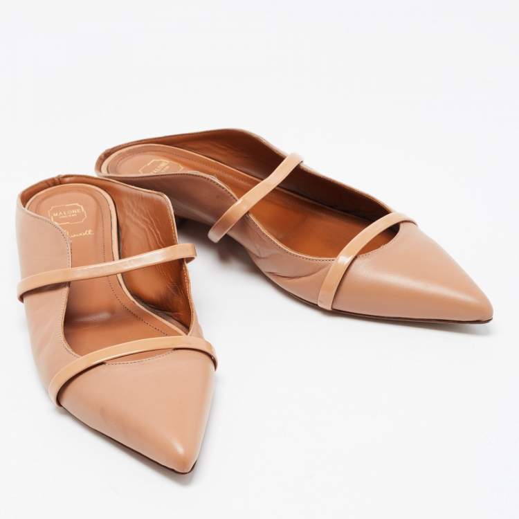 Pre Owned Malone Souliers Beige Leather and Patent Maureen Flat Mules Size 39.5