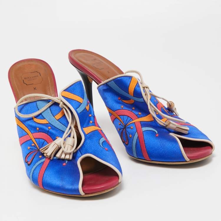 Pre Owned Malone Souliers Blue Embroidered Satin Peep Toe Lace Up Mules Size 40