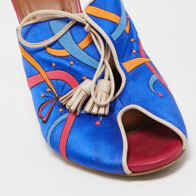 Pre Owned Malone Souliers Blue Embroidered Satin Peep Toe Lace Up Mules Size 40