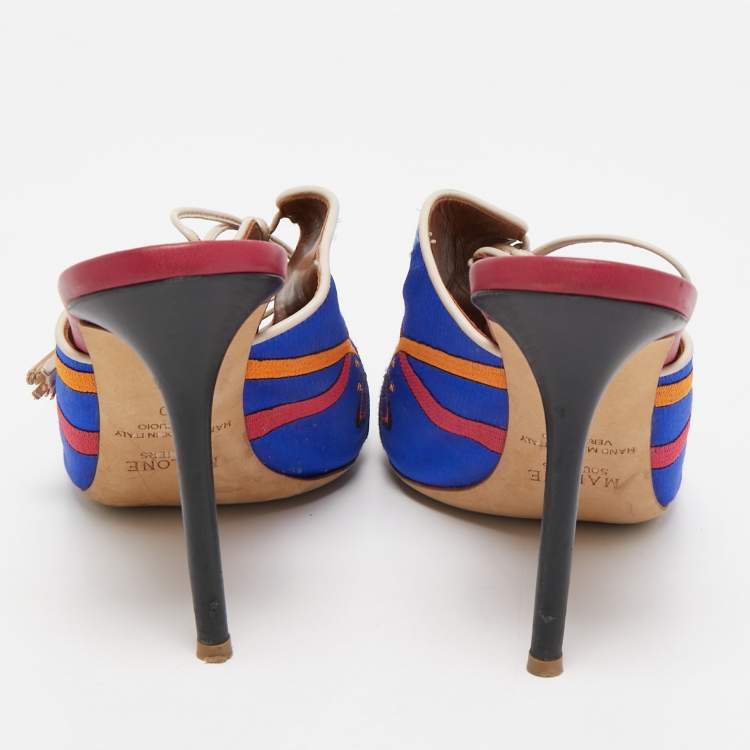 Pre Owned Malone Souliers Blue Embroidered Satin Peep Toe Lace Up Mules Size 40
