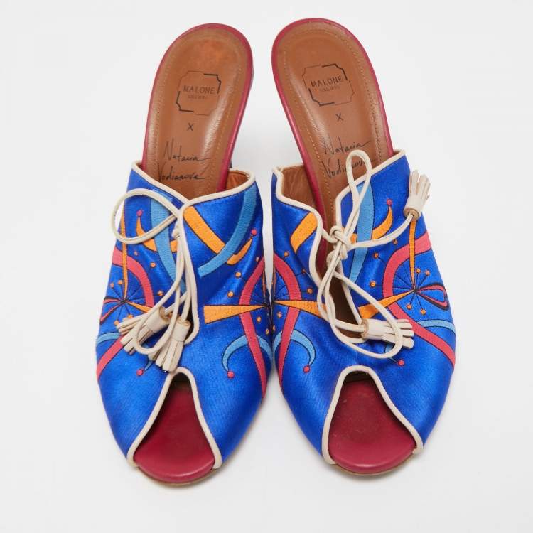 Pre Owned Malone Souliers Blue Embroidered Satin Peep Toe Lace Up Mules Size 40