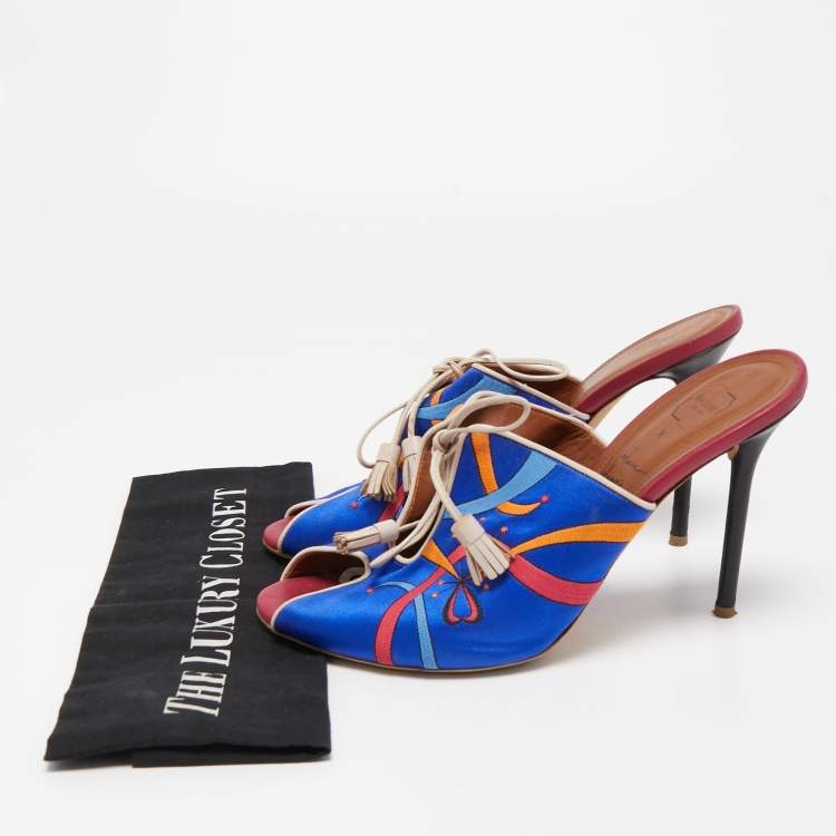 Pre Owned Malone Souliers Blue Embroidered Satin Peep Toe Lace Up Mules Size 40
