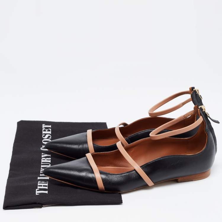 مملوكة مسبقًا Malone Souliers Black/Beige Leather Robyn Ankle Strap Flats Size 39