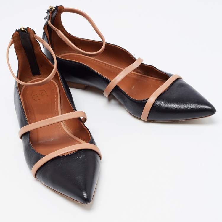مملوكة مسبقًا Malone Souliers Black/Beige Leather Robyn Ankle Strap Flats Size 39