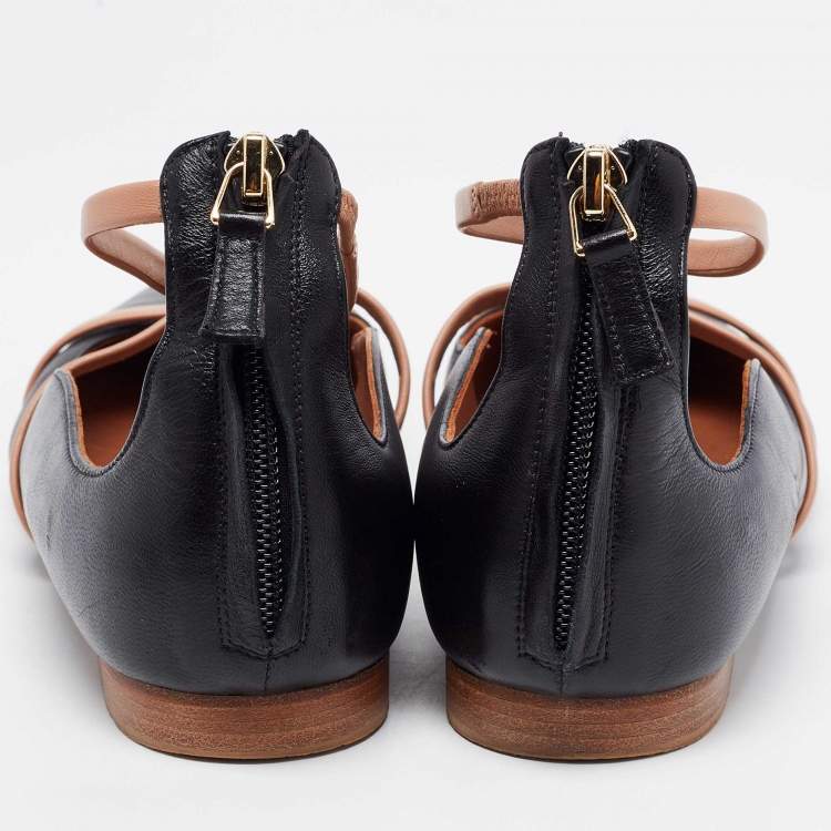مملوكة مسبقًا Malone Souliers Black/Beige Leather Robyn Ankle Strap Flats Size 39