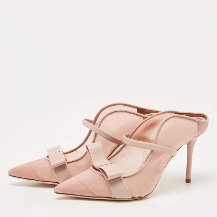 Pre Owned Malone Souliers Pink Mesh and Leather Marguerite Bow Pointed Toe Mules Size 36