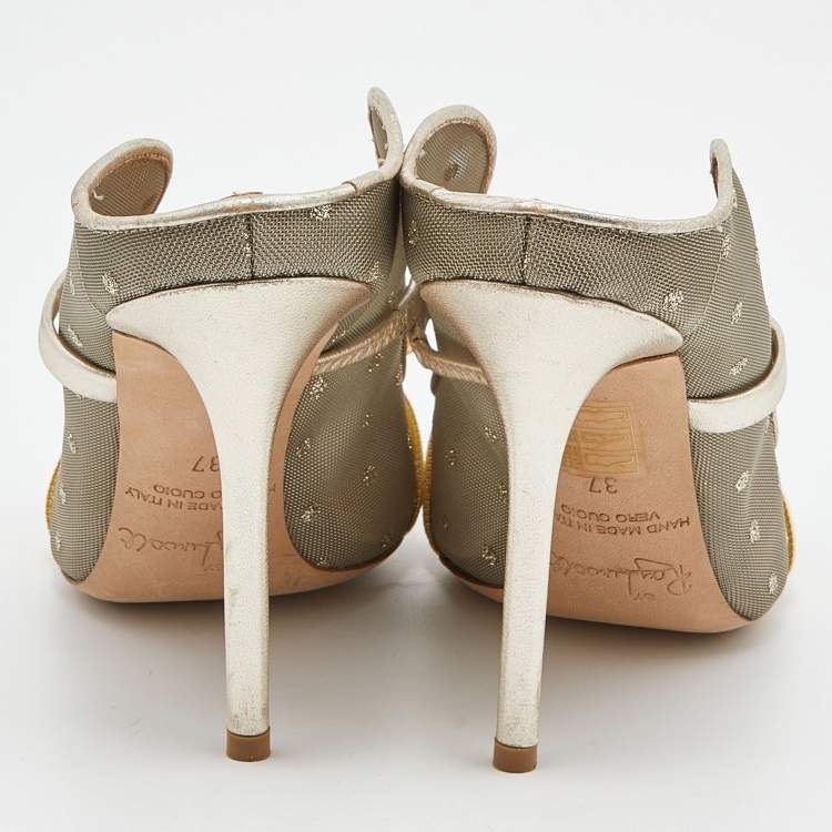 Pre Owned Malone Souliers Gold/Yellow Mesh and Velvet Marguerite Mules Size 37