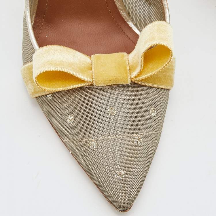 Pre Owned Malone Souliers Gold/Yellow Mesh and Velvet Marguerite Mules Size 37