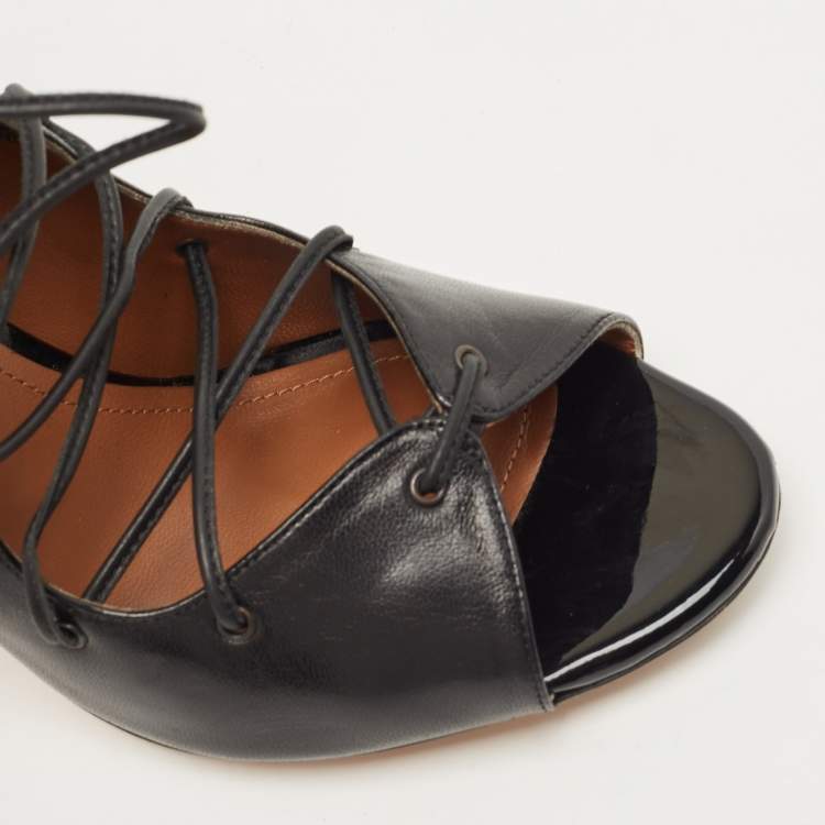 Pre Owned Malone Souliers Black Leather Savannah Open Toe Ankle Wrap Pumps Size 38.5