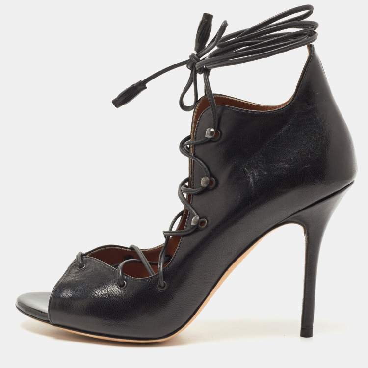 Pre Owned Malone Souliers Black Leather Savannah Open Toe Ankle Wrap Pumps Size 38.5