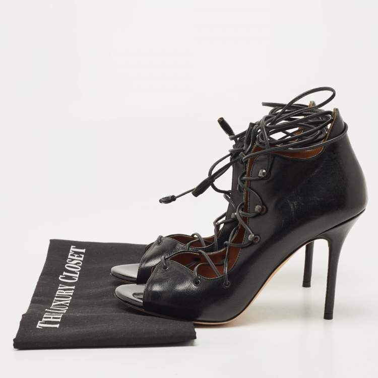 Pre Owned Malone Souliers Black Leather Savannah Open Toe Ankle Wrap Pumps Size 38.5