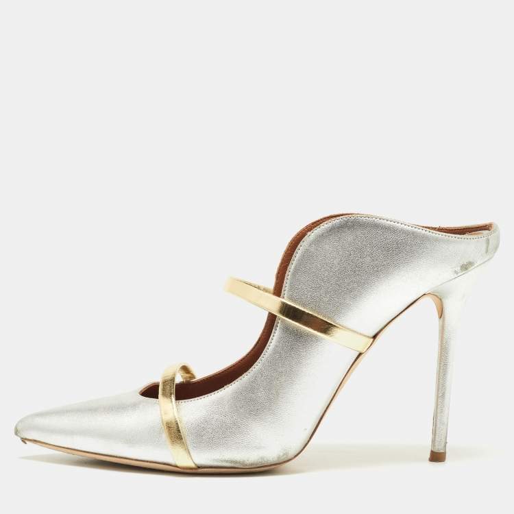 Pre Owned Malone Souliers Silver/Gold Foil Leather Maureen Pointed Toe Pumps Size 40.5