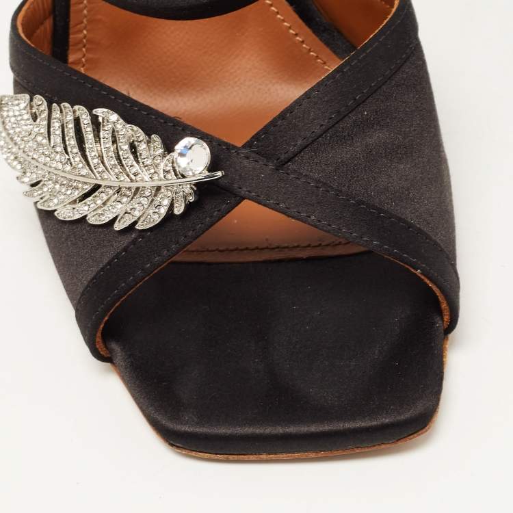 Pre Owned Malone Souliers Black Satin Fion Crystal Embellished Slide Sandals Size 37.5