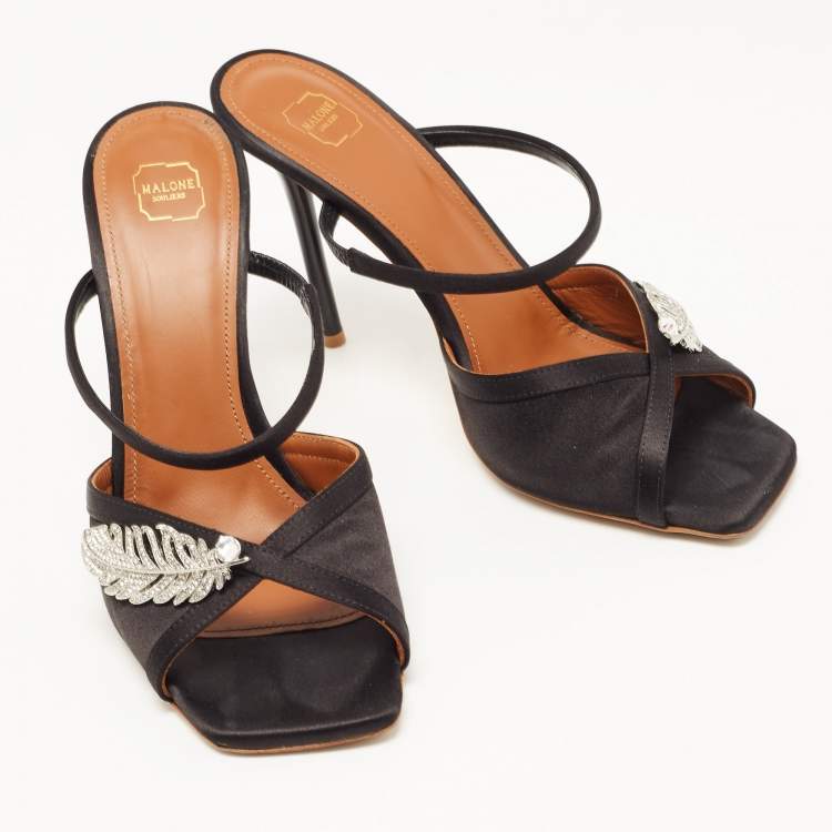 Pre Owned Malone Souliers Black Satin Fion Crystal Embellished Slide Sandals Size 37.5