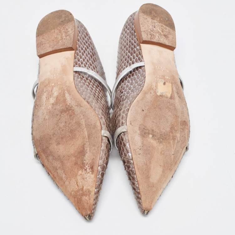 Pre Owned Malone Souliers Silver/Brown Python Leather Maureen  Pointed Toe Flat Mules  Size 42