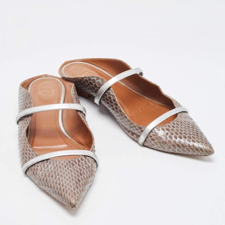 Pre Owned Malone Souliers Silver/Brown Python Leather Maureen  Pointed Toe Flat Mules  Size 42