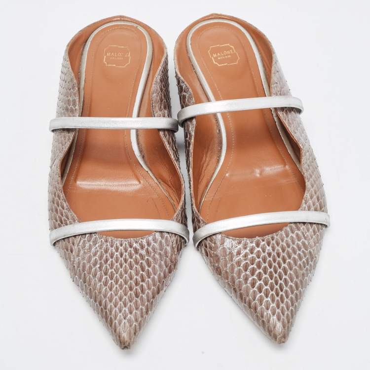 Pre Owned Malone Souliers Silver/Brown Python Leather Maureen  Pointed Toe Flat Mules  Size 42