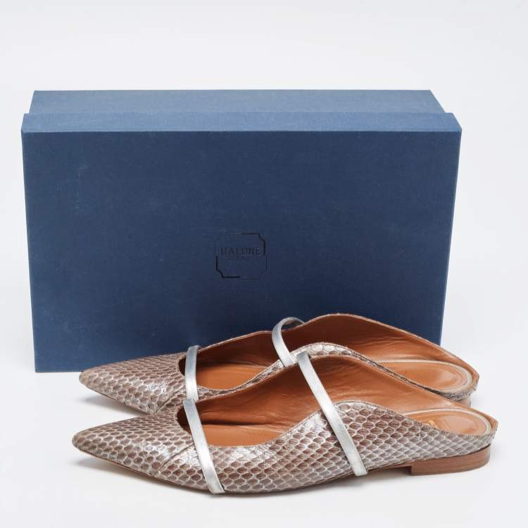 Pre Owned Malone Souliers Silver/Brown Python Leather Maureen  Pointed Toe Flat Mules  Size 42